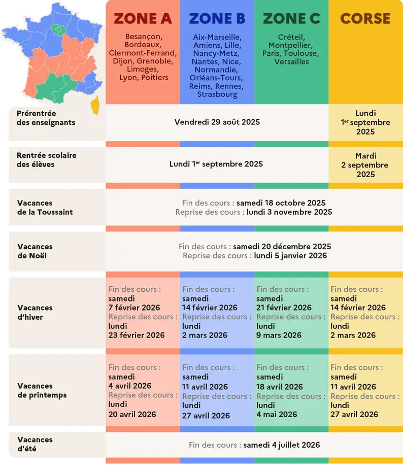 2025 2026 calendrier scolaire 